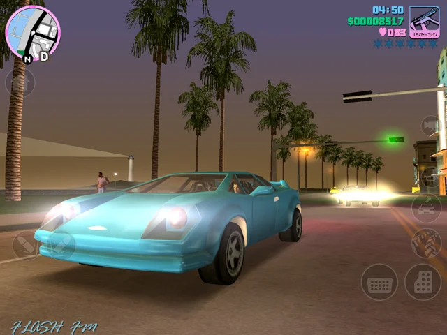 A car in Vice City at dusk with Flash FM on the radio