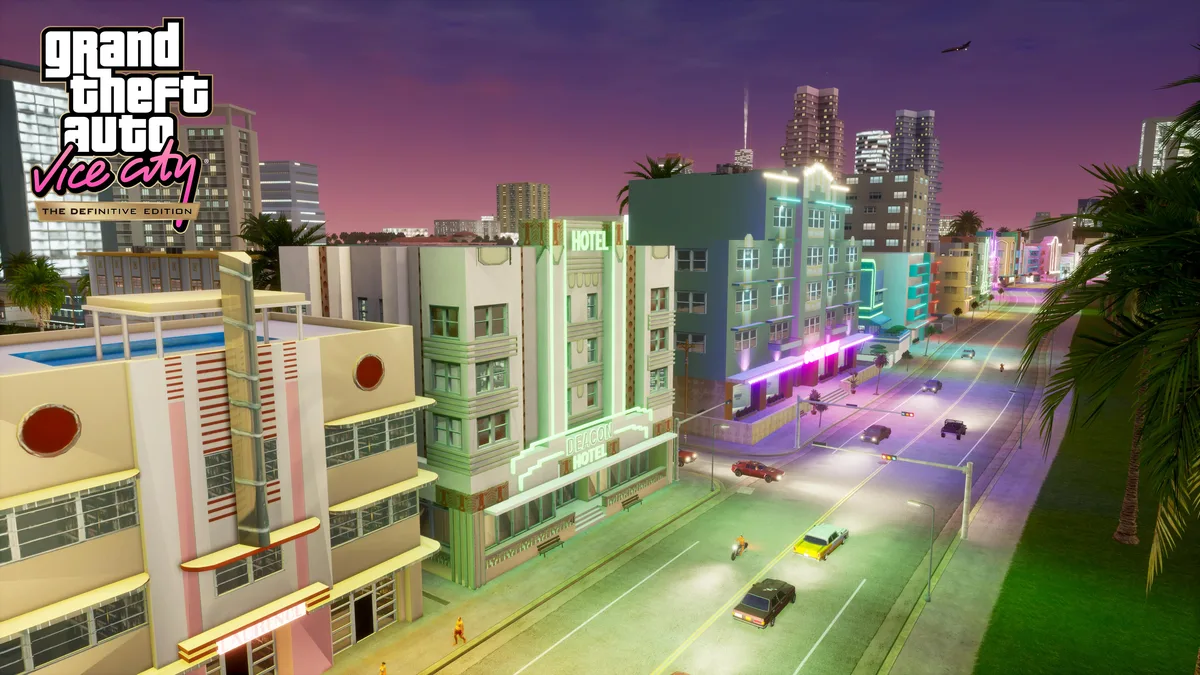Ocean Drive's art deco hotels at dusk in the Definitive Edition